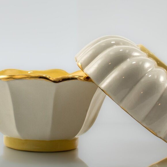 Vintage Porcelain Bowls | Bright Yellow and White with Gold Trim | Set of Bowls - Picture 1 of 6